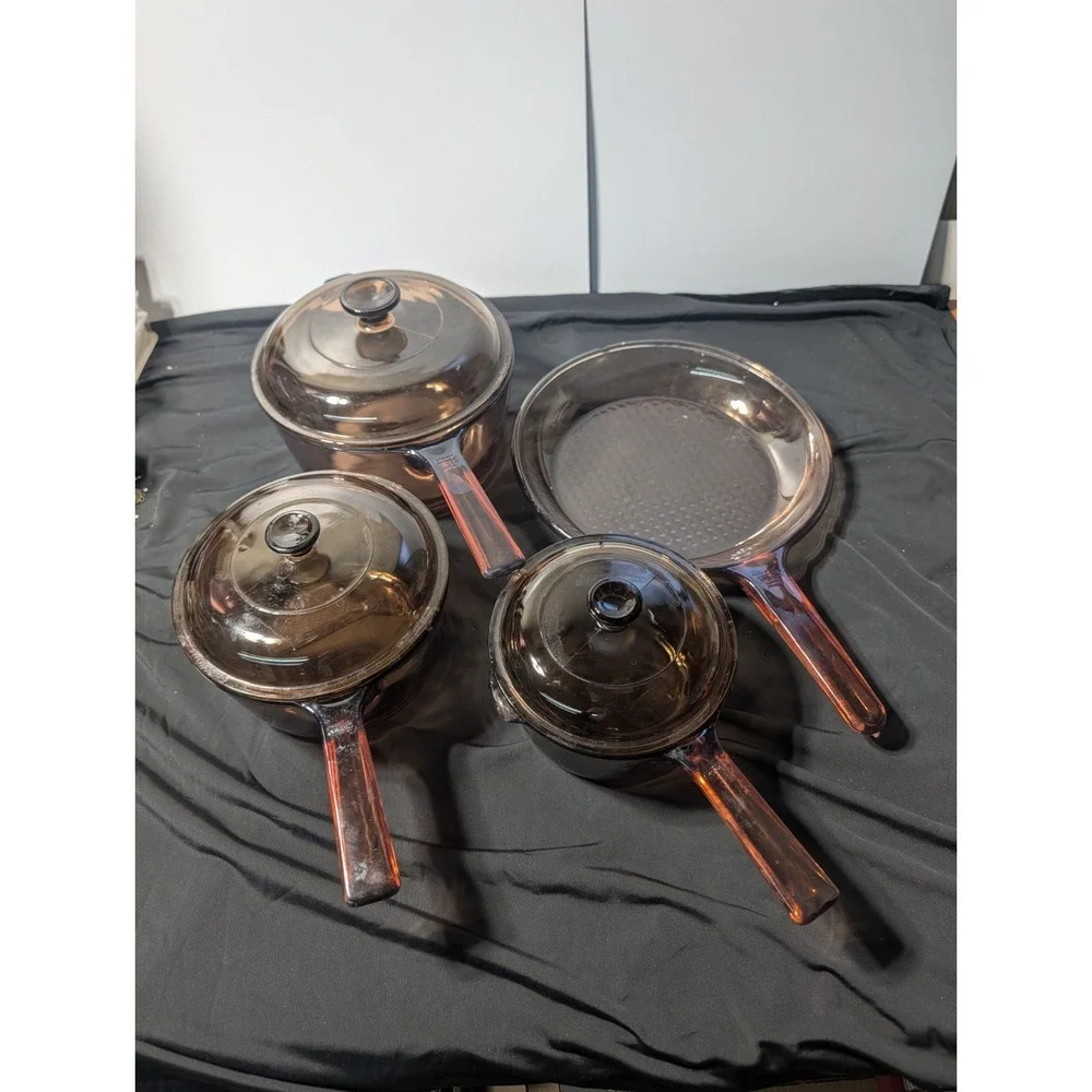VNTG USA Visions Corning Amber Glass Pyrex Set 0.5L 1.5L 2.5L Pots/Lids Skillet